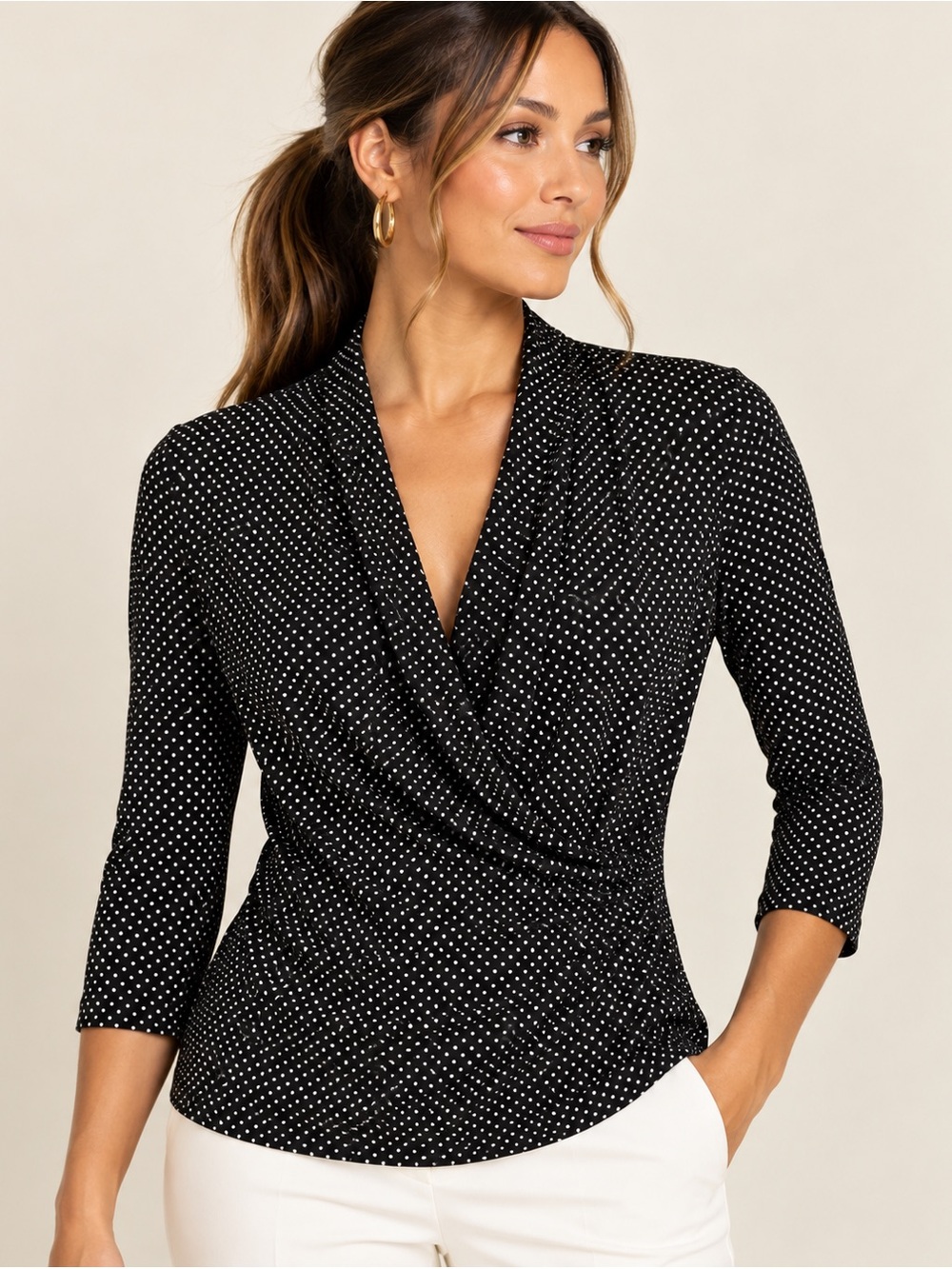 Lauren Ralph Lauren Black White Polka Dot Cowl Neck 3/4 Sleeve Top